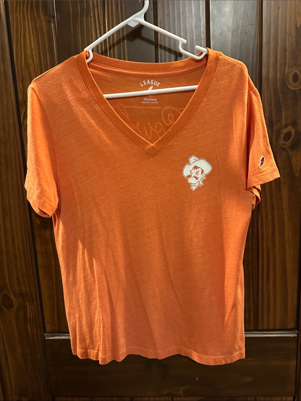 League Orange V-Neck Short Sleeve Tee with Mascot Patch